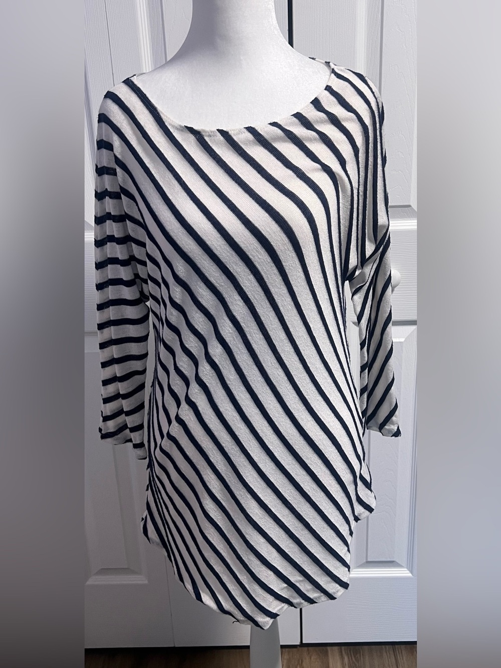 INC International Concepts White & Navy Striped 3/4 Sleeved Blouse